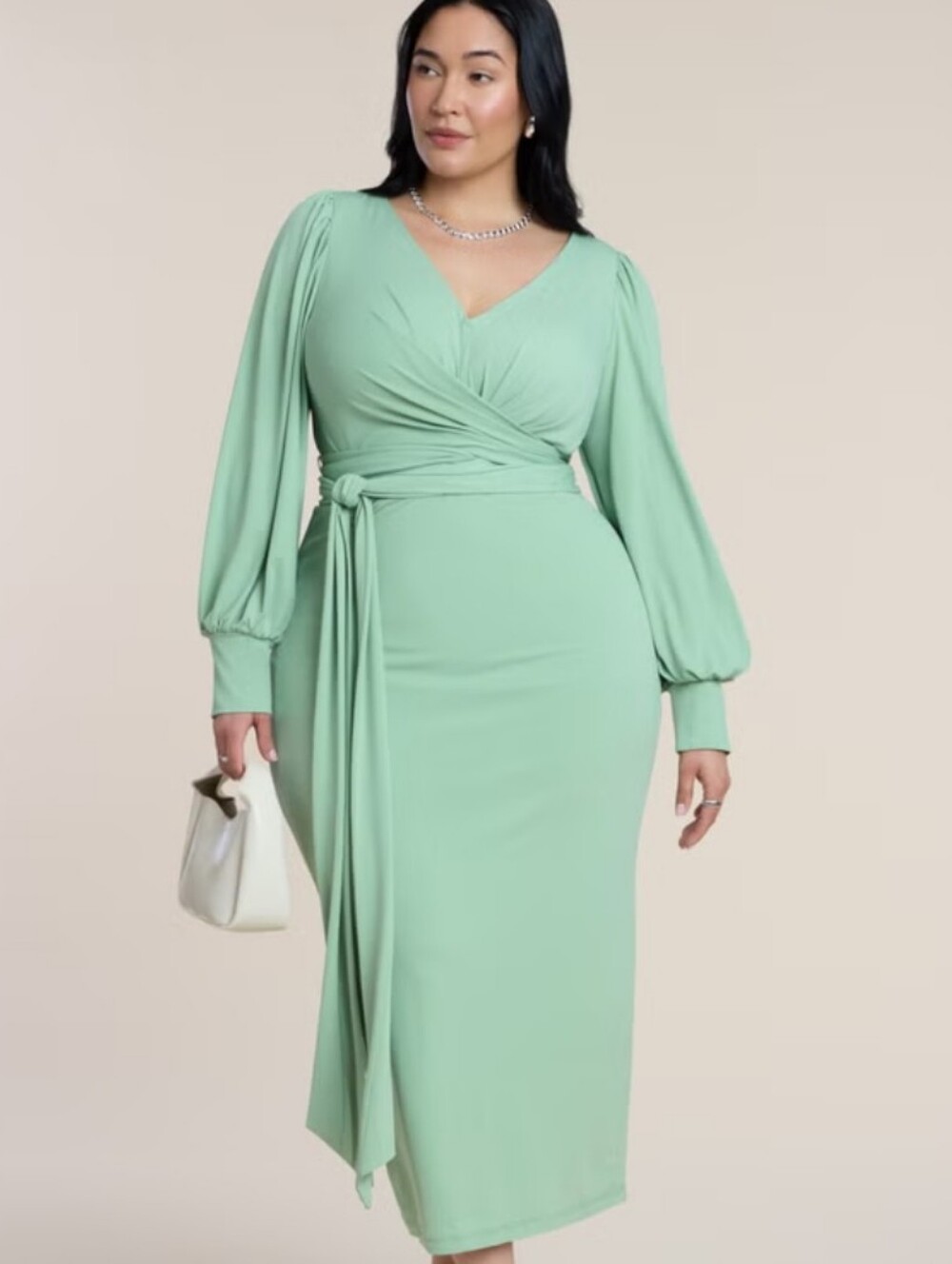 Eloquii Mint Green Wrap Midi Dress with Bishop Sleeves